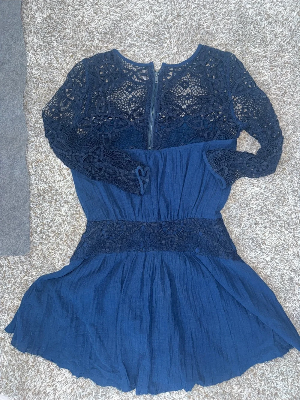 Free People Navy Crochet Lace Top with Metal Brand Tag